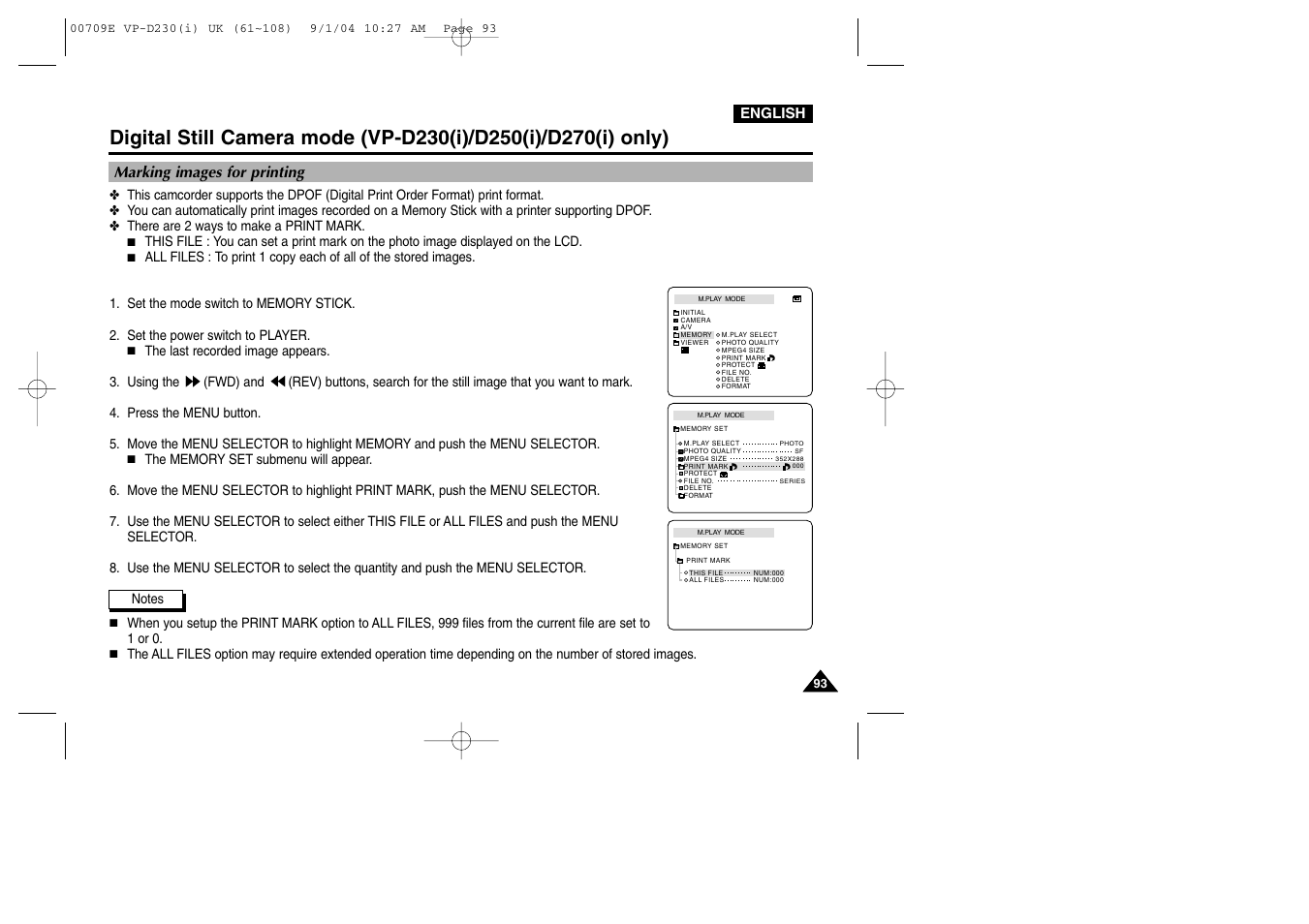 Marking images for printing | Samsung VP-D200 User Manual | Page 93 / 108