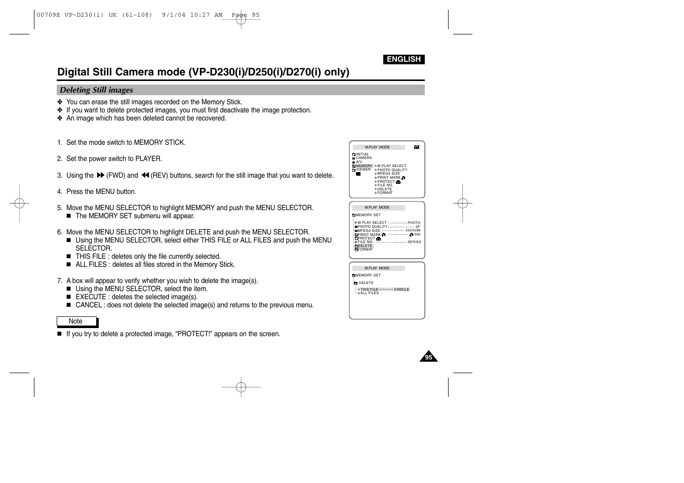 Deleting still images | Samsung VP-D200 User Manual | Page 95 / 108