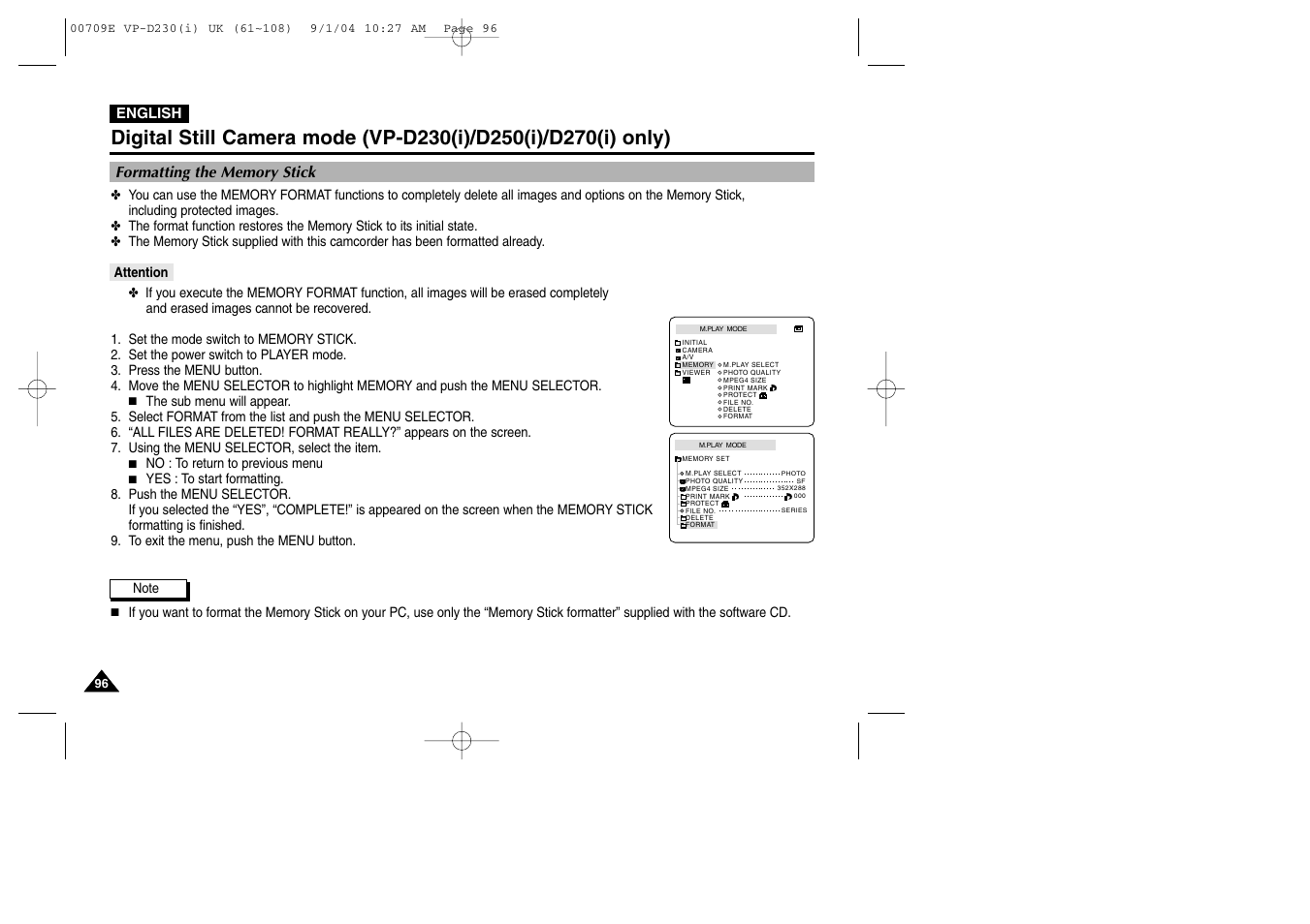 Formatting the memory stick, Attention | Samsung VP-D200 User Manual | Page 96 / 108
