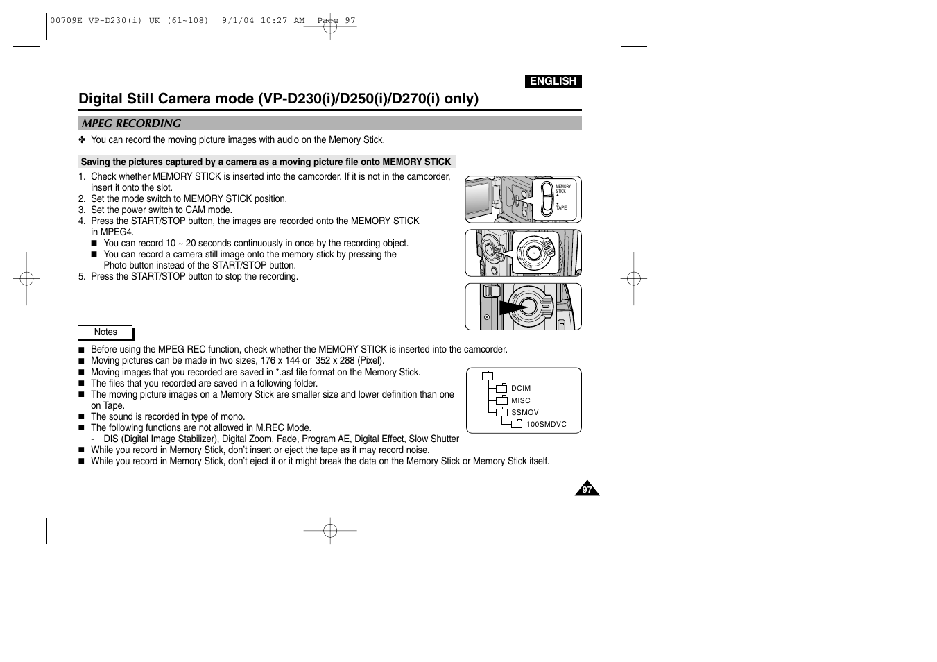 Mpeg recording | Samsung VP-D200 User Manual | Page 97 / 108