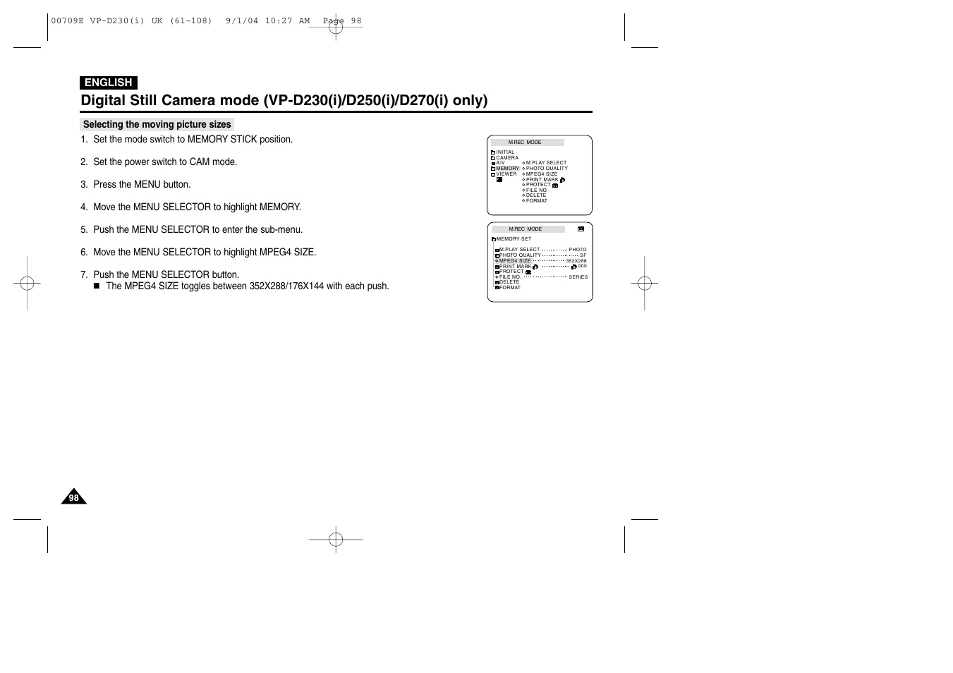 Selecting the moving picture sizes | Samsung VP-D200 User Manual | Page 98 / 108