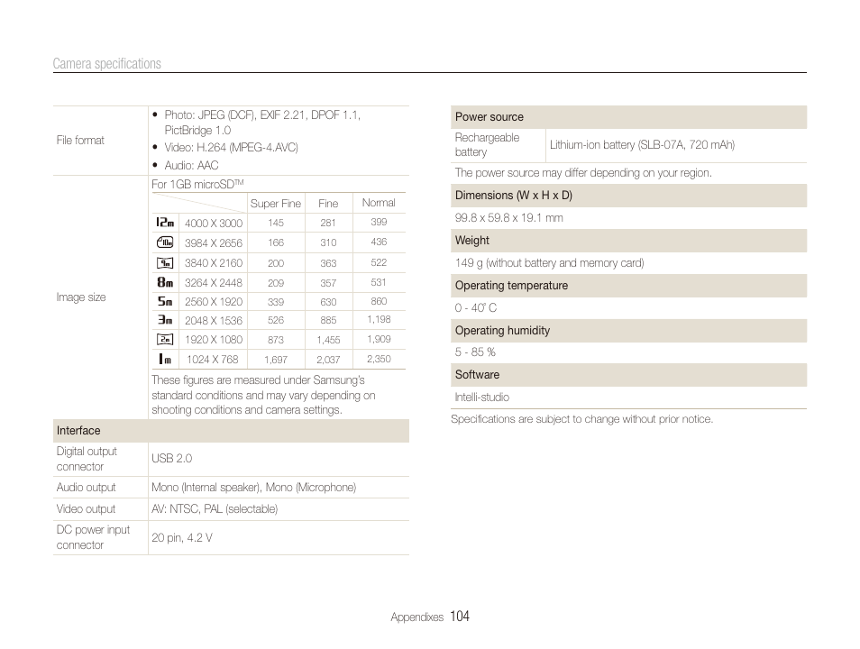 104 camera speciﬁcations | Samsung DualView TL220 User Manual | Page 105 / 110