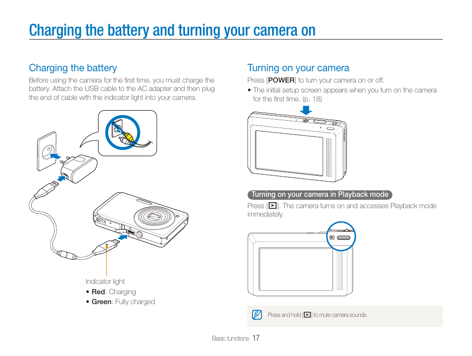 Charging the battery and turning your camera on, Charging the battery, Turning on your camera | Charging the battery and turning your, Camera on, Charging the battery …………………………… 17, Turning on your camera ……………………… 17 | Samsung DualView TL220 User Manual | Page 18 / 110