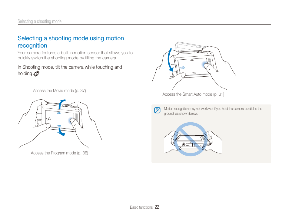 Selecting a shooting mode using motion recognition, Selecting a shooting mode using motion, Recognition ……………………………………… 22 | Samsung DualView TL220 User Manual | Page 23 / 110