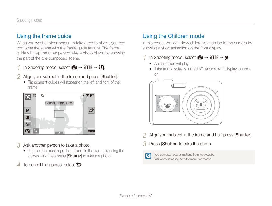 Using the children mode, Using the frame guide | Samsung DualView TL220 User Manual | Page 35 / 110