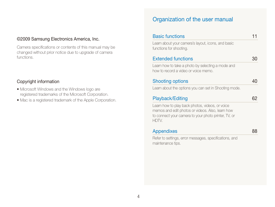 Organization of the user manual | Samsung DualView TL220 User Manual | Page 5 / 110