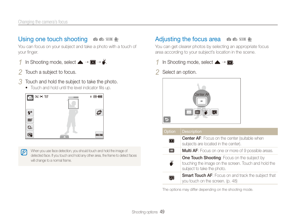 Using one touch shooting, Adjusting the focus area, Using one touch shooting …………………… 49 | Adjusting the focus area ……………………… 49 | Samsung DualView TL220 User Manual | Page 50 / 110