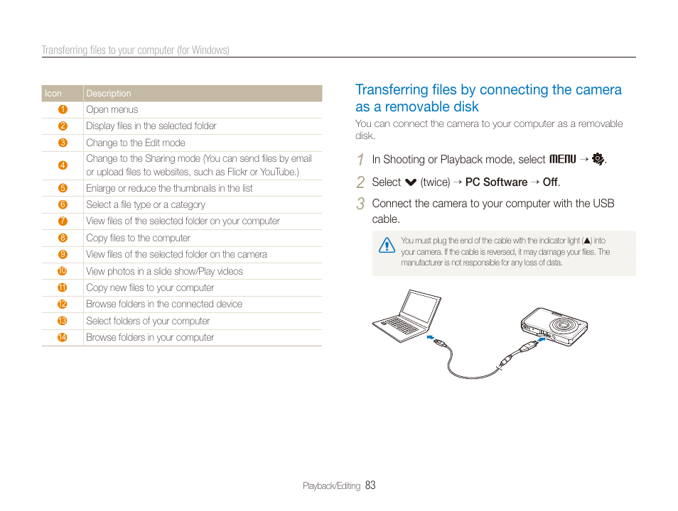 Transferring ﬁles by connecting the camera, As a removable disk …………………………… 83 | Samsung DualView TL220 User Manual | Page 84 / 110