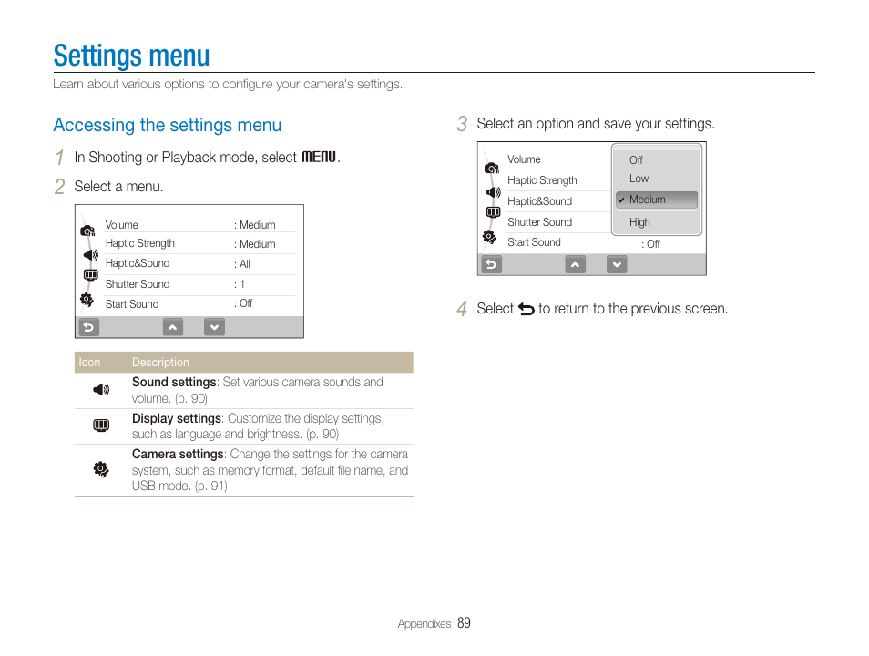 Settings menu, Accessing the settings menu, Accessing the settings menu ……………………………… 89 | Samsung DualView TL220 User Manual | Page 90 / 110