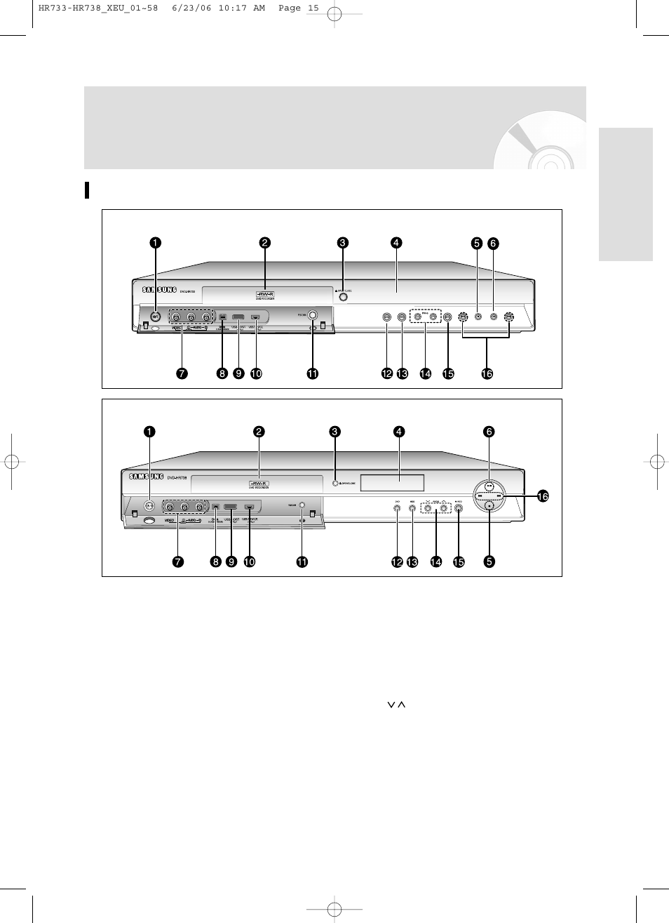 Description, Getting started, English - 15 front panel | Samsung DVD-HR738/ User Manual | Page 15 / 127