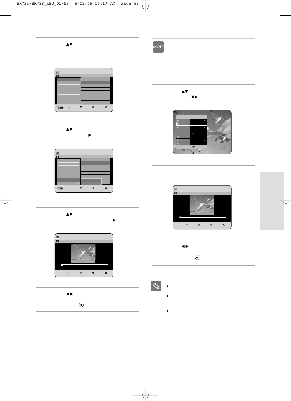 Playback, English - 53, Using the anykey button | Press the, Button, Press the anykey button during playback, Buttons to select navigation , then press the, Buttons to select time, Press the ok button | Samsung DVD-HR738/ User Manual | Page 53 / 127