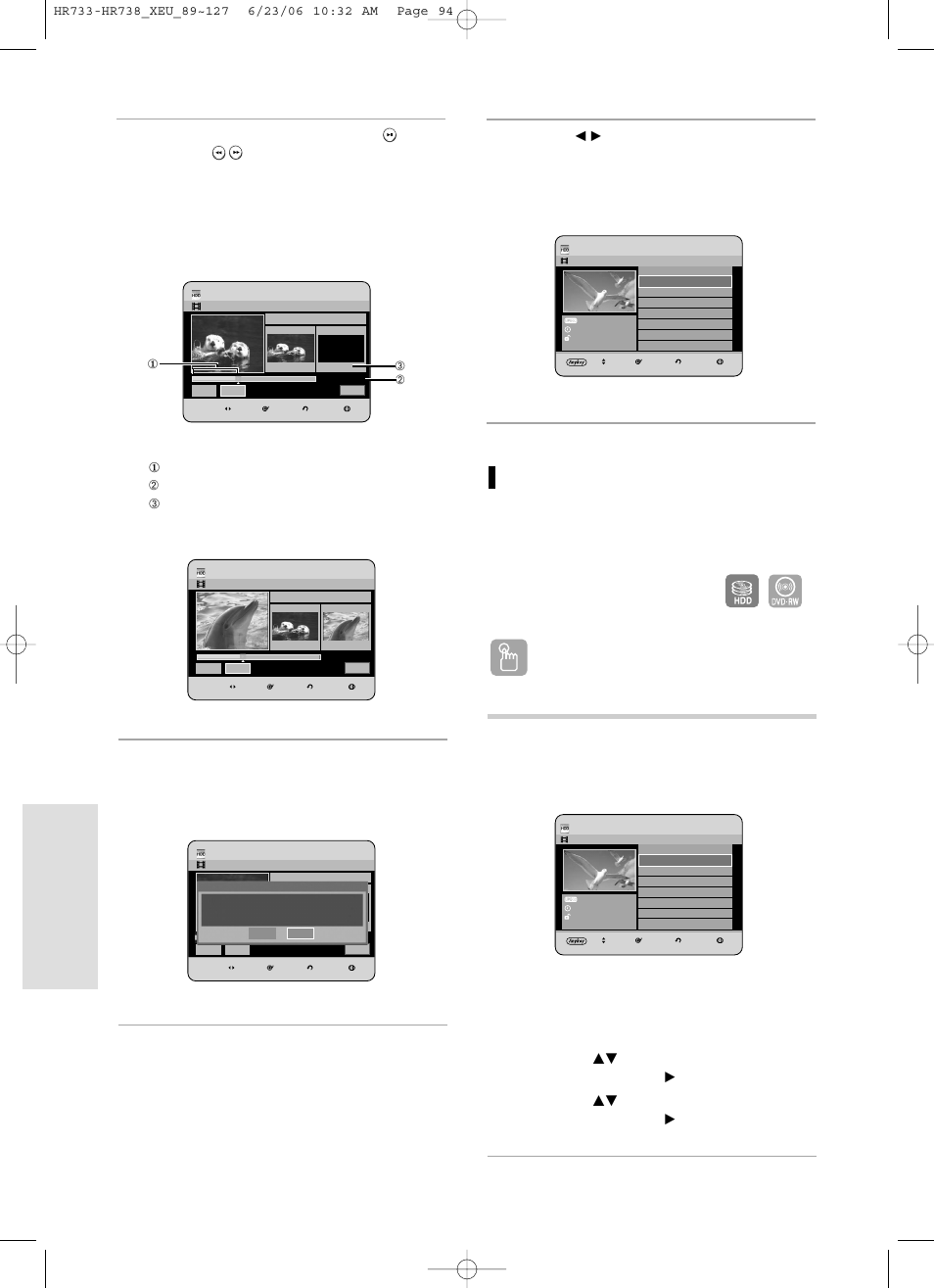 Editing, Using the title list button, Using the menu button | Samsung DVD-HR738/ User Manual | Page 94 / 127