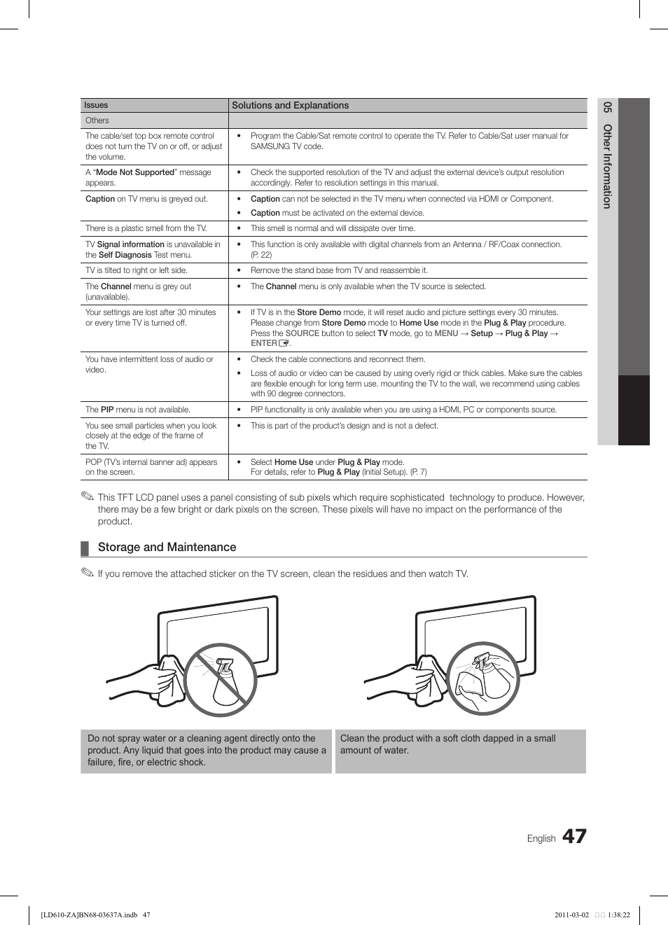 Storage and maintenance | Samsung 610 User Manual | Page 47 / 51