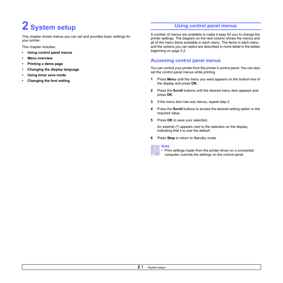 System setup, Using control panel menus, Accessing control panel menus | Samsung ML-4551ND User Manual | Page 16 / 112