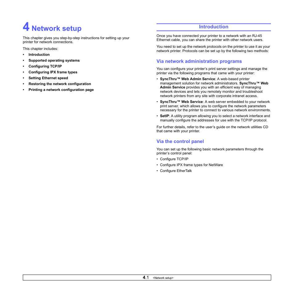 Network setup, Introduction, Via network administration programs | Via the control panel | Samsung ML-4551ND User Manual | Page 27 / 112