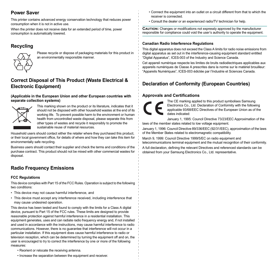 Power saver, Recycling, Radio frequency emissions | Declaration of conformity (european countries) | Samsung ML-4551ND User Manual | Page 8 / 112