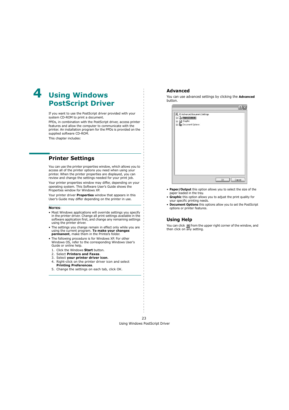 Using windows postscript driver, Printer settings, Advanced | Using help, Chapter 4, Advanced using help | Samsung ML-4551ND User Manual | Page 95 / 112