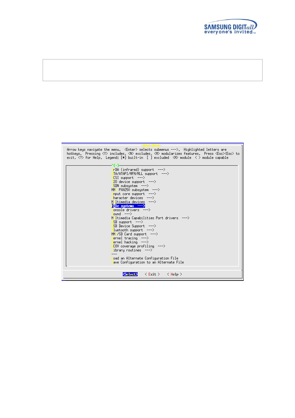 2 kernel configuration for rfs, Kernel configuration for rfs, Figure 3-2 main screen of kernel menu | Samsung V1.3.0 User Manual | Page 16 / 26