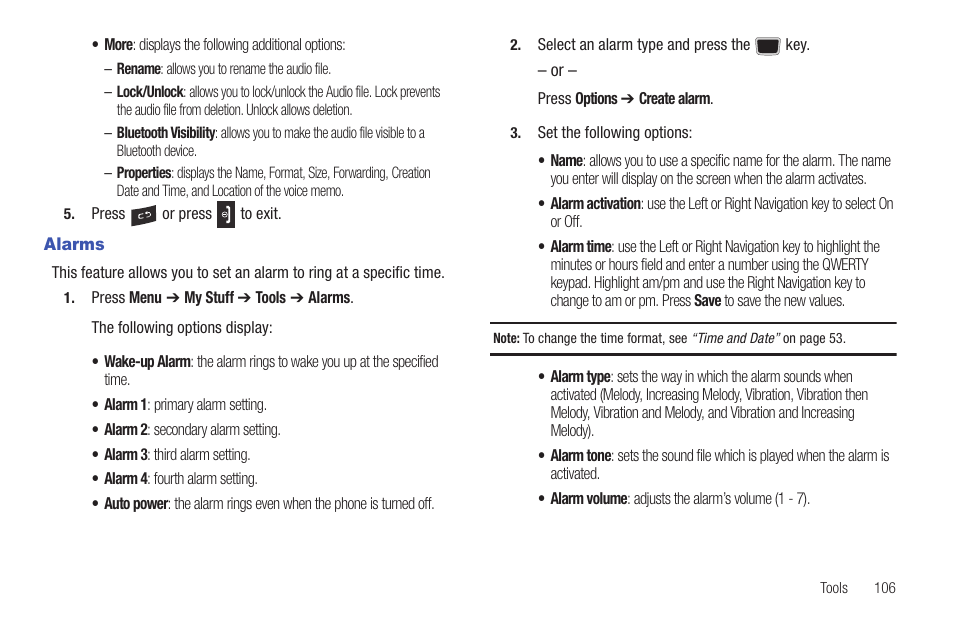 Alarms | Samsung Evergreen a667 User Manual | Page 111 / 153