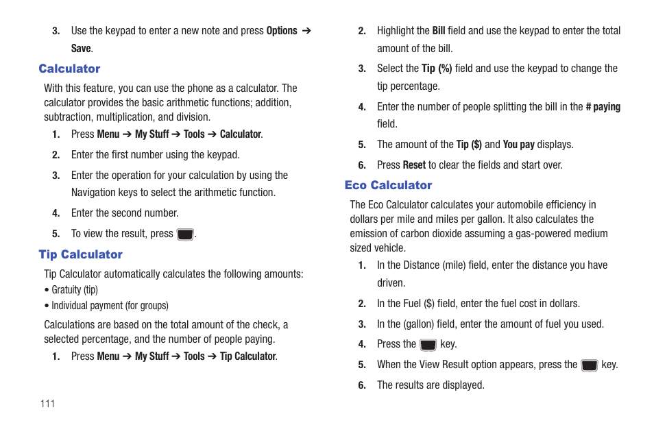 Calculator, Tip calculator, Eco calculator | Calculator tip calculator eco calculator | Samsung Evergreen a667 User Manual | Page 116 / 153