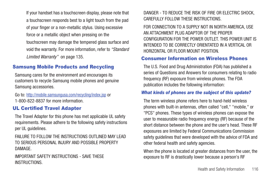 Samsung mobile products and recycling, Ul certified travel adapter, Consumer information on wireless phones | Samsung Evergreen a667 User Manual | Page 121 / 153