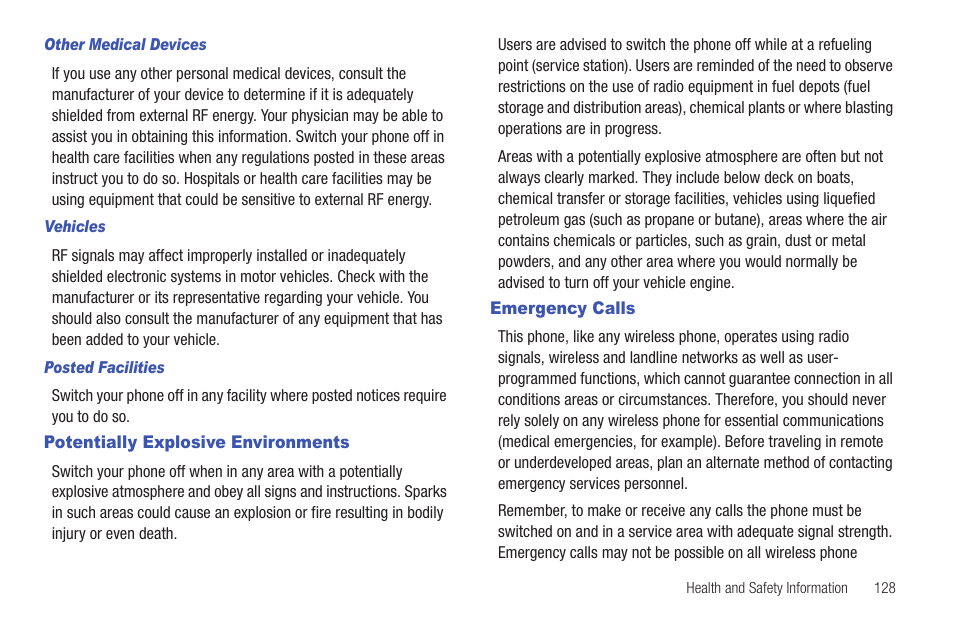 Potentially explosive environments, Emergency calls | Samsung Evergreen a667 User Manual | Page 133 / 153