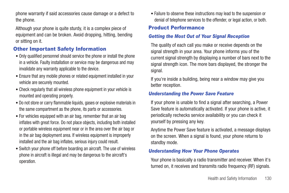 Other important safety information, Product performance | Samsung Evergreen a667 User Manual | Page 135 / 153