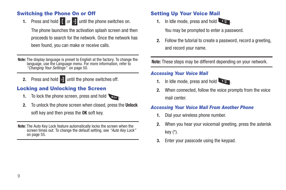 Switching the phone on or off, Locking and unlocking the screen, Setting up your voice mail | Samsung Evergreen a667 User Manual | Page 14 / 153