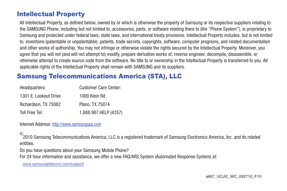 Intellectual property, Samsung telecommunications america (sta), llc | Samsung Evergreen a667 User Manual | Page 2 / 153