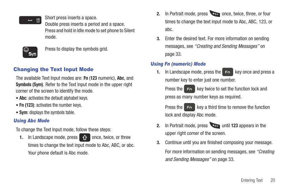 Changing the text input mode | Samsung Evergreen a667 User Manual | Page 25 / 153