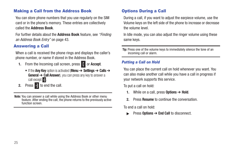 Making a call from the address book, Answering a call, Options during a call | Answering a call options during a call | Samsung Evergreen a667 User Manual | Page 30 / 153