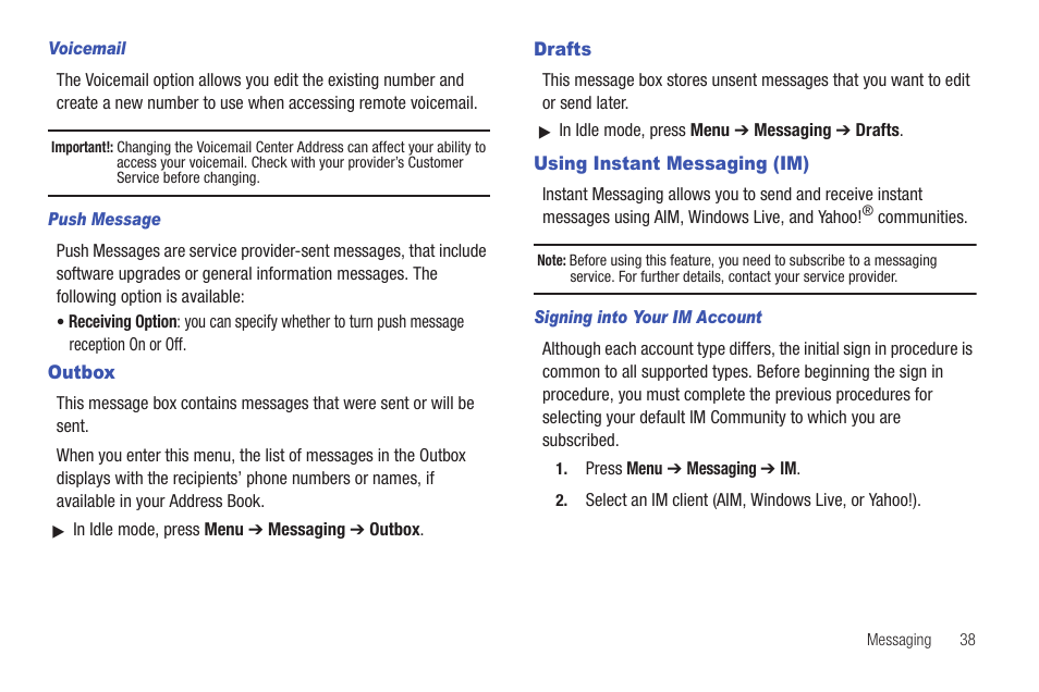 Outbox, Drafts, Using instant messaging (im) | Outbox drafts using instant messaging (im) | Samsung Evergreen a667 User Manual | Page 43 / 153