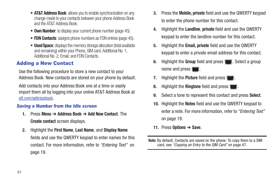 Adding a new contact, Ure, see “adding a new | Samsung Evergreen a667 User Manual | Page 46 / 153