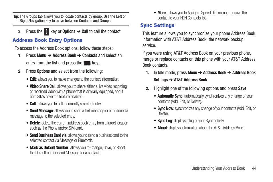 Address book entry options, Sync settings | Samsung Evergreen a667 User Manual | Page 49 / 153