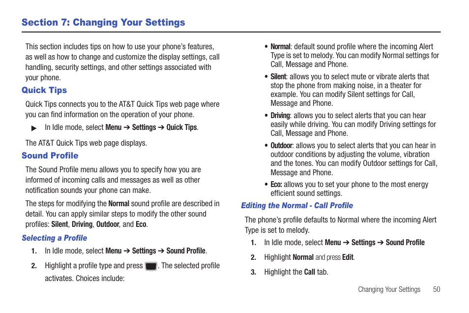 Section 7: changing your settings, Quick tips, Sound profile | Quick tips sound profile | Samsung Evergreen a667 User Manual | Page 55 / 153