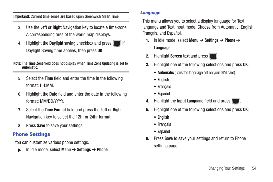 Phone settings | Samsung Evergreen a667 User Manual | Page 59 / 153