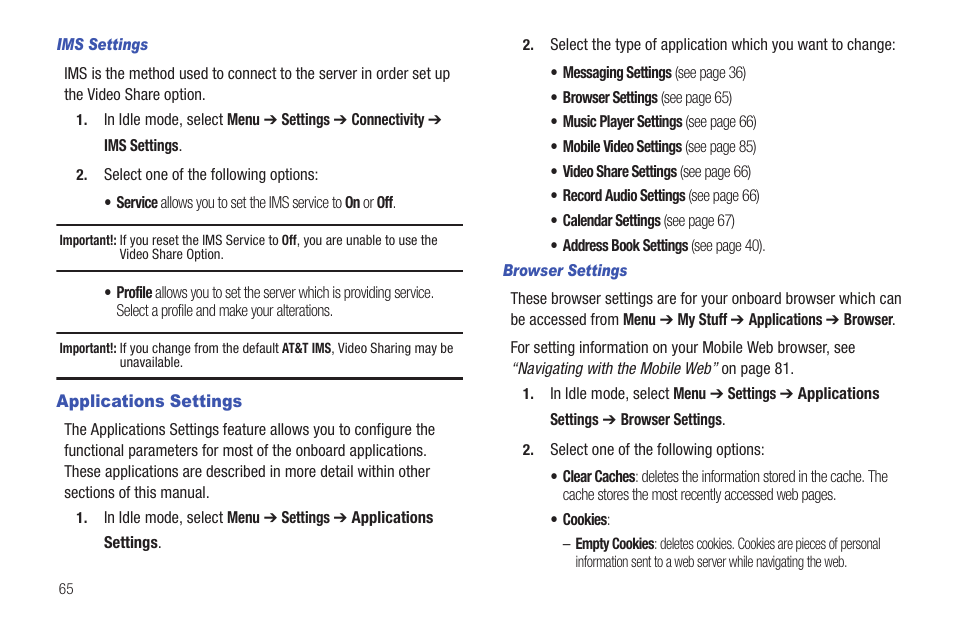 Applications settings | Samsung Evergreen a667 User Manual | Page 70 / 153