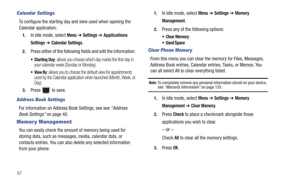 Memory management | Samsung Evergreen a667 User Manual | Page 72 / 153