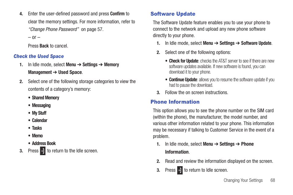 Software update, Phone information, Software update phone information | Samsung Evergreen a667 User Manual | Page 73 / 153