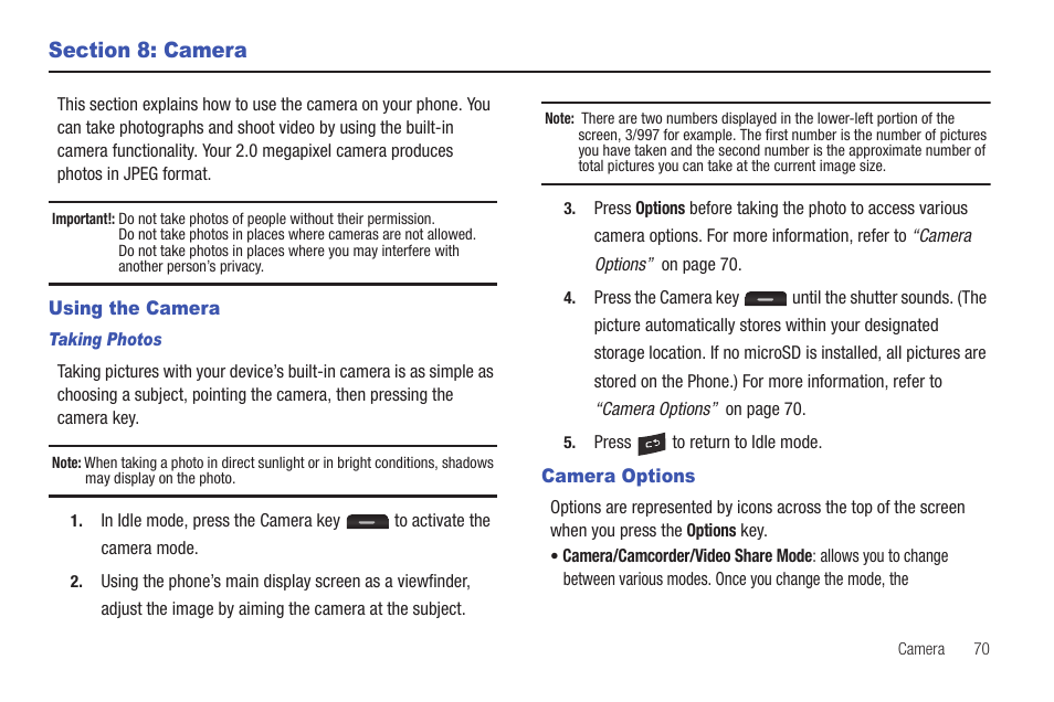 Section 8: camera, Using the camera, Camera options | Using the camera camera options | Samsung Evergreen a667 User Manual | Page 75 / 153