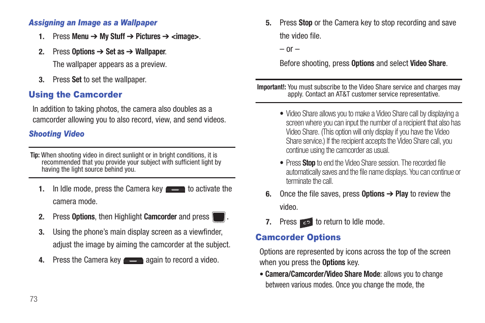 Using the camcorder, Camcorder options | Samsung Evergreen a667 User Manual | Page 78 / 153