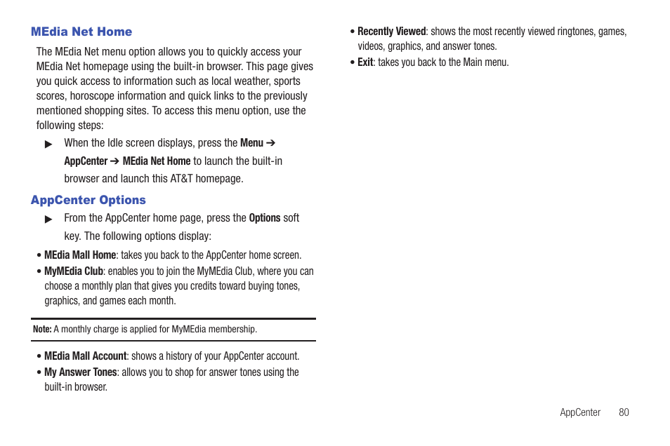 Media net home, Appcenter options, Media net home appcenter options | Samsung Evergreen a667 User Manual | Page 85 / 153