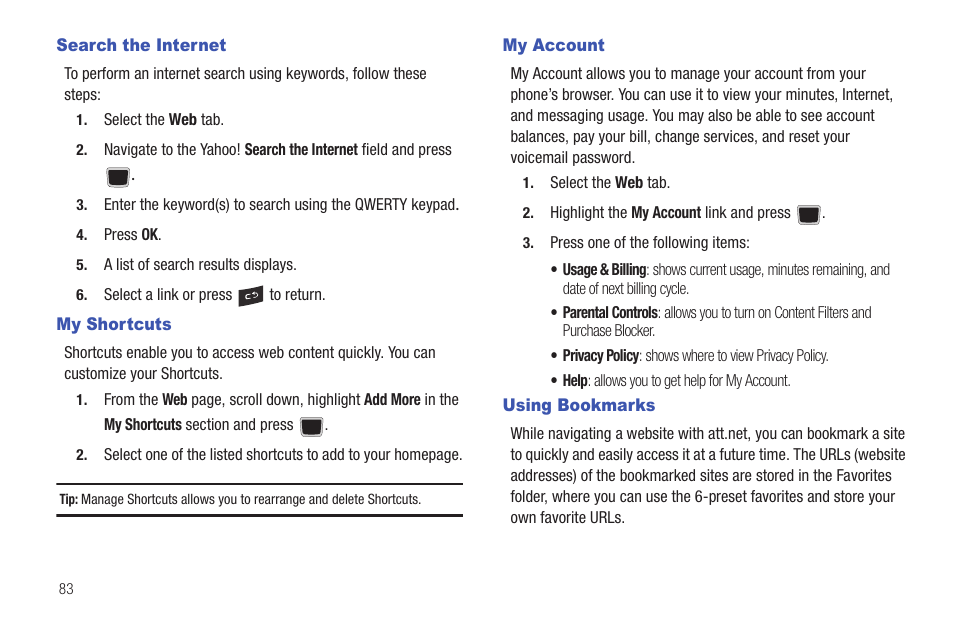 Search the internet, My shortcuts, My account | Using bookmarks | Samsung Evergreen a667 User Manual | Page 88 / 153