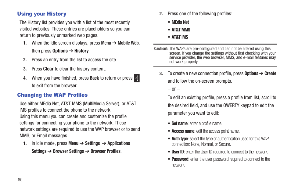 Using your history, Changing the wap profiles, Using your history changing the wap profiles | Samsung Evergreen a667 User Manual | Page 90 / 153