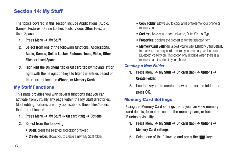 Section 14: my stuff, My stuff functions, Memory card settings | My stuff functions memory card settings | Samsung Evergreen a667 User Manual | Page 98 / 153