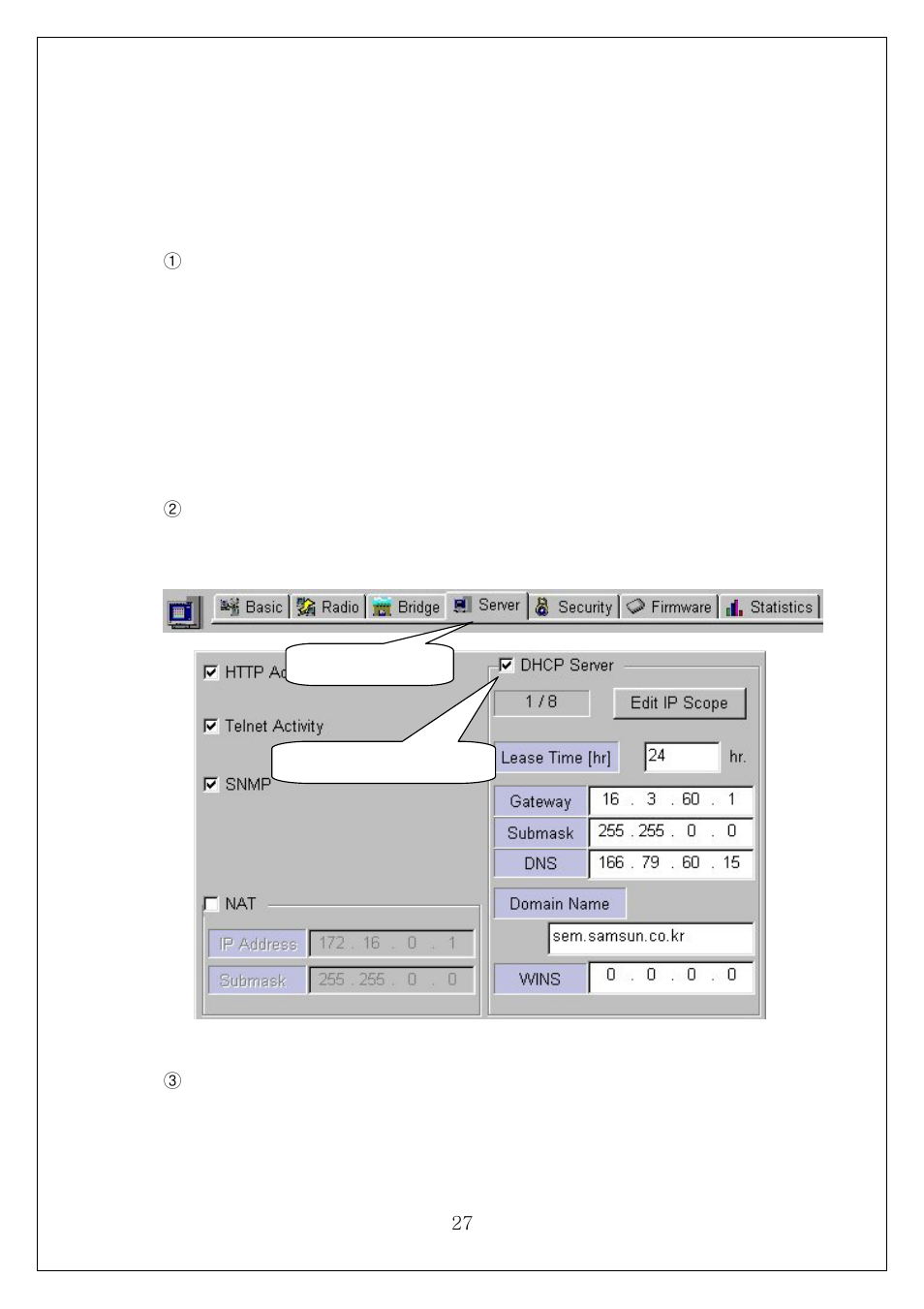Dhcp server setting using ap manager | Samsung SWL-3000AP User Manual | Page 31 / 88
