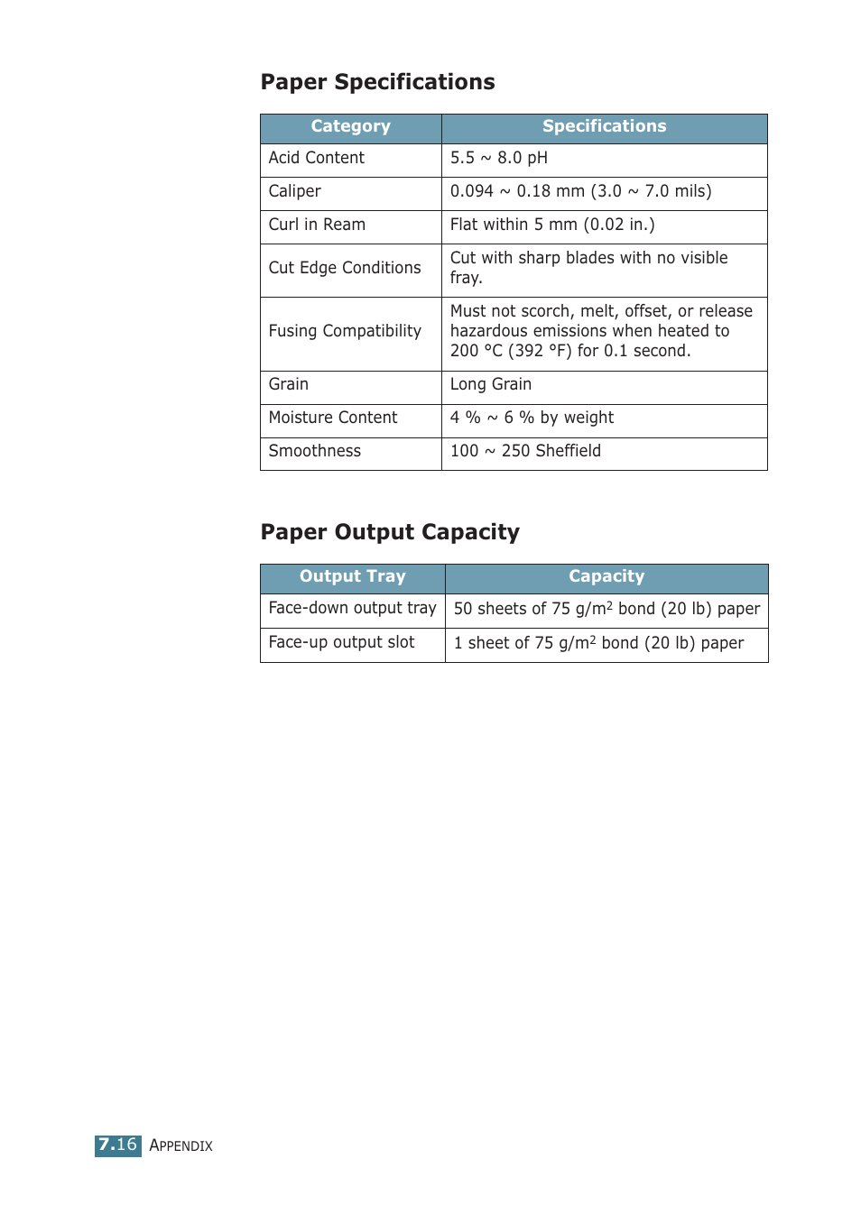 Paper specifications, Paper output capacity, Paper specifications paper output capacity | Samsung ML-1710P User Manual | Page 133 / 138