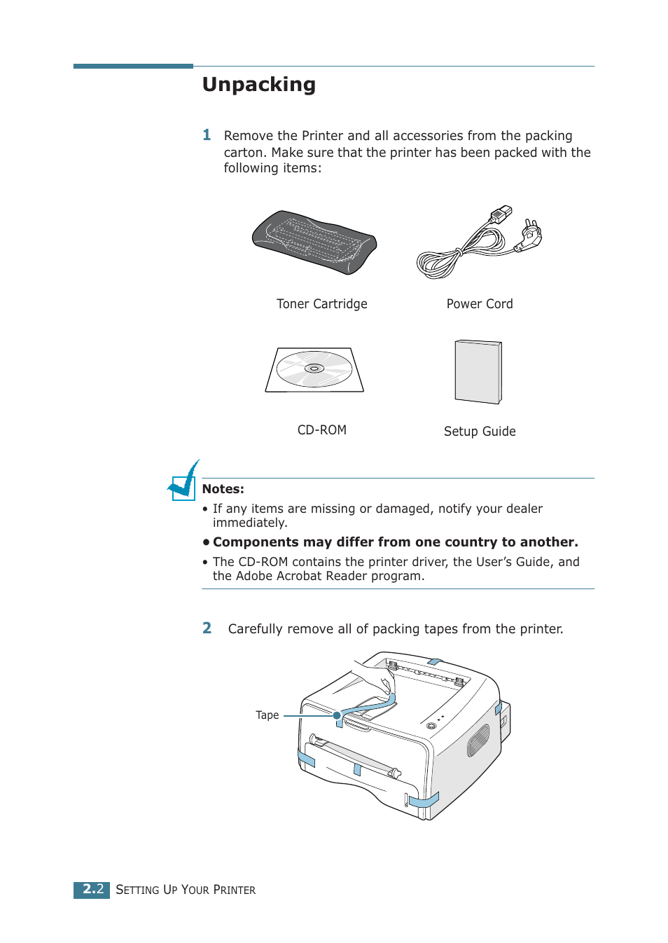 Unpacking, Installing the toner cartridge | Samsung ML-1710P User Manual | Page 21 / 138