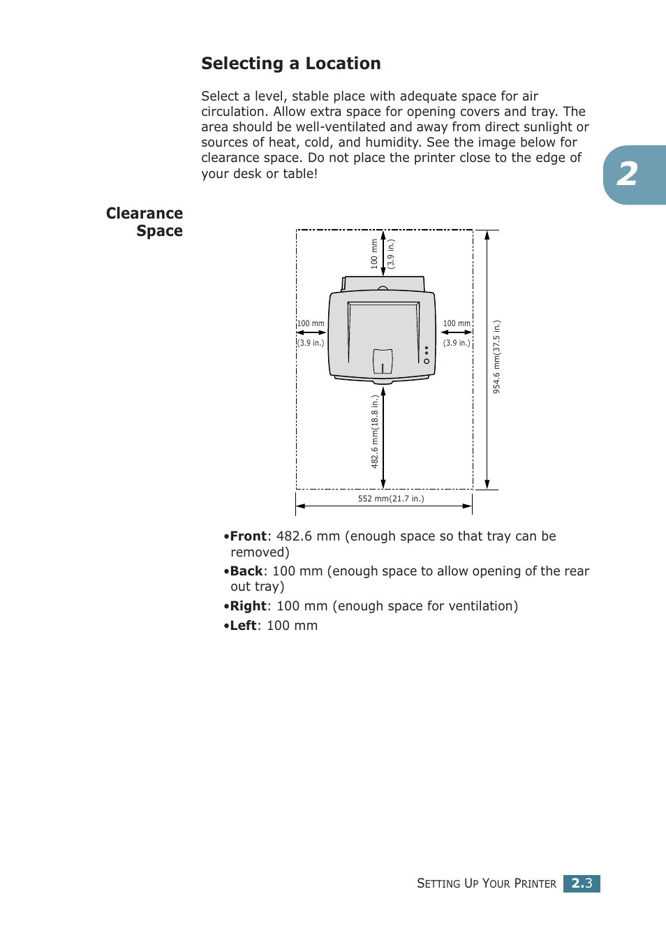 Selecting a location, Clearance space | Samsung ML-1710P User Manual | Page 22 / 138