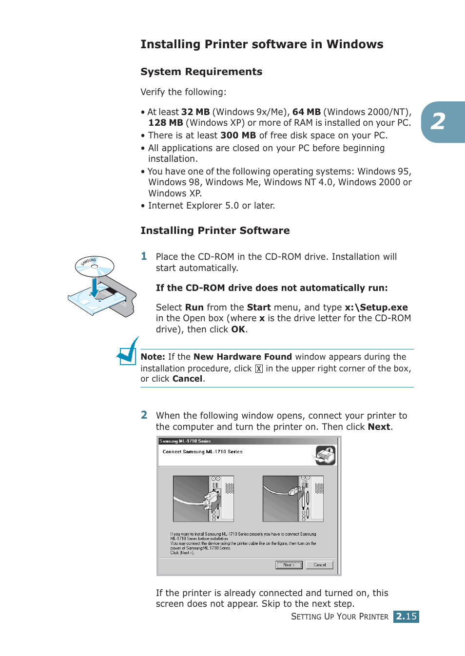 Installing printer software in windows | Samsung ML-1710P User Manual | Page 34 / 138